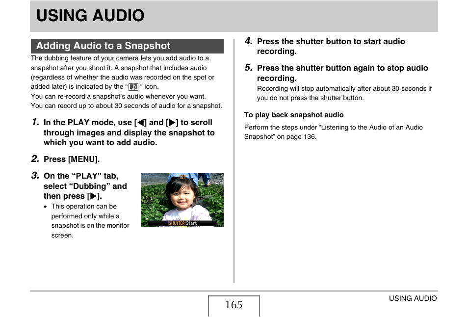 Using audio, Adding audio to a snapshot | Casio EXILIM EX-Z1050 User Manual | Page 165 / 252