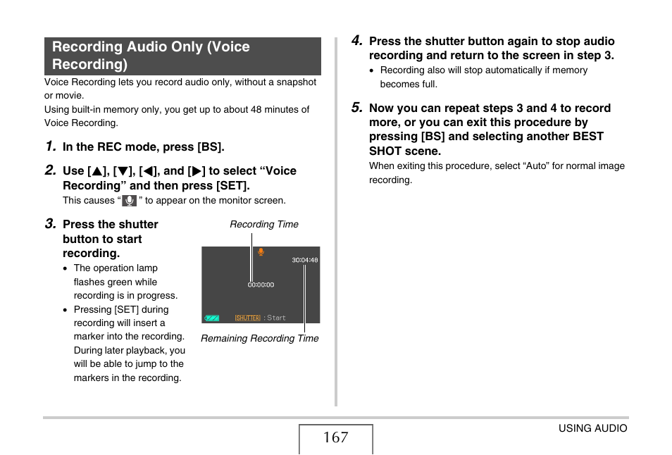 Recording audio only (voice recording) | Casio EXILIM EX-Z1050 User Manual | Page 167 / 252