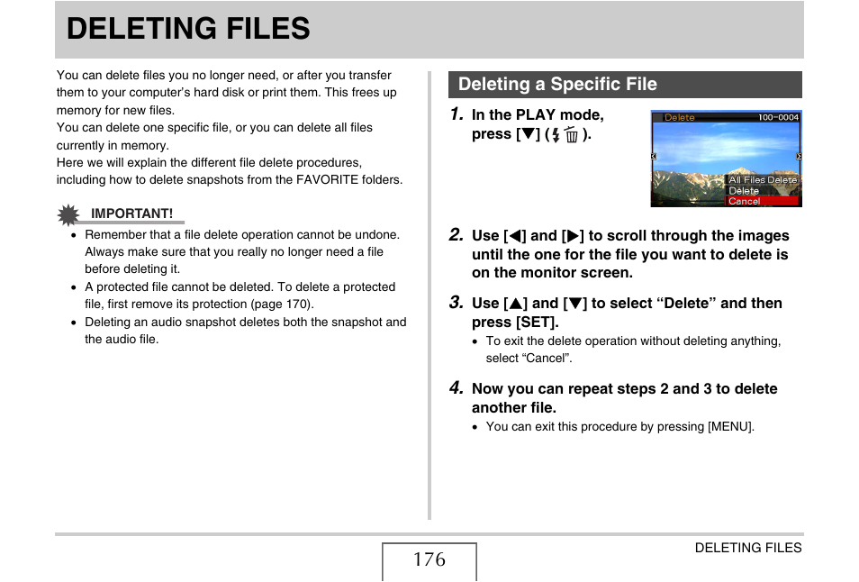 Deleting files, Deleting a specific file | Casio EXILIM EX-Z1050 User Manual | Page 176 / 252