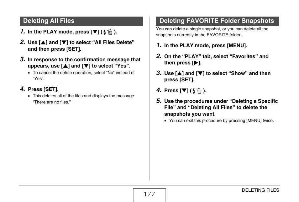 Deleting all files, Deleting favorite folder snapshots | Casio EXILIM EX-Z1050 User Manual | Page 177 / 252
