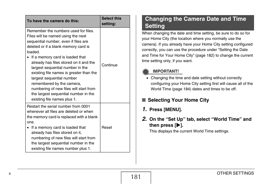 Changing the camera date and time setting, S 181 | Casio EXILIM EX-Z1050 User Manual | Page 181 / 252