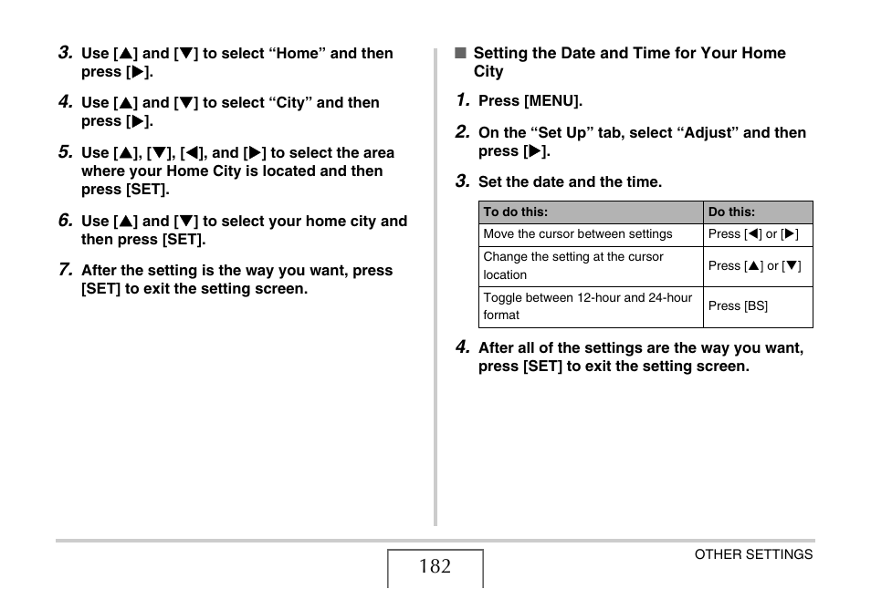Setting the date, And time for your home city, E 182) | Casio EXILIM EX-Z1050 User Manual | Page 182 / 252