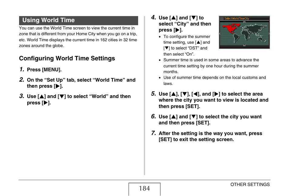 Using world time, Configuring world time settings, Configuring world time settings 1 | Casio EXILIM EX-Z1050 User Manual | Page 184 / 252