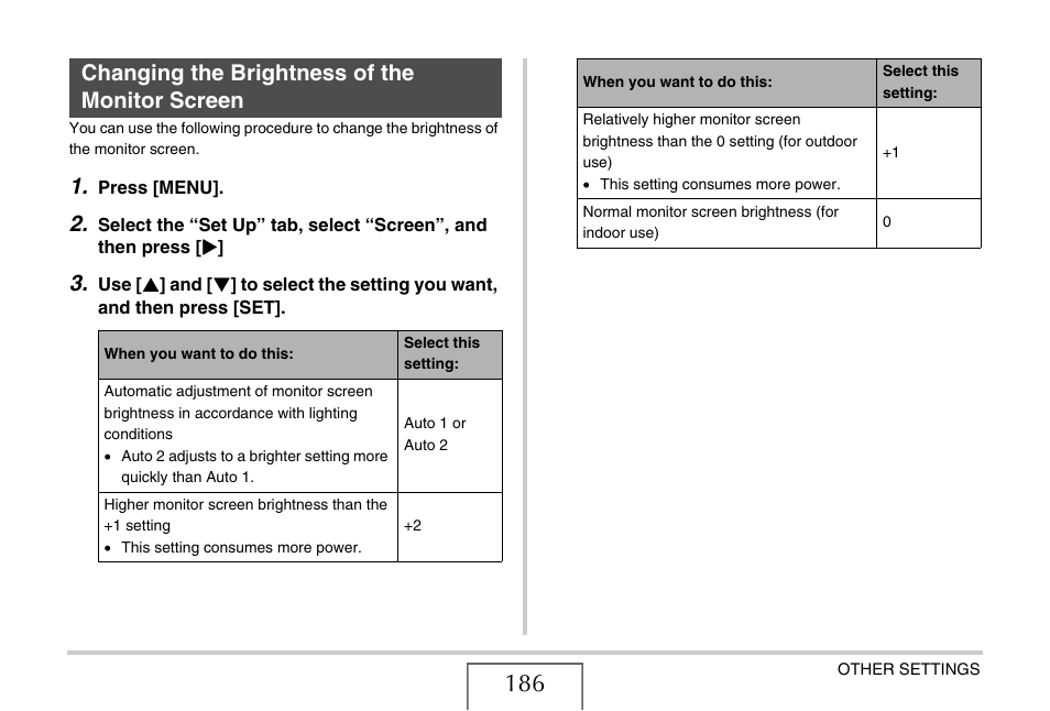 Changing the brightness of the monitor screen | Casio EXILIM EX-Z1050 User Manual | Page 186 / 252