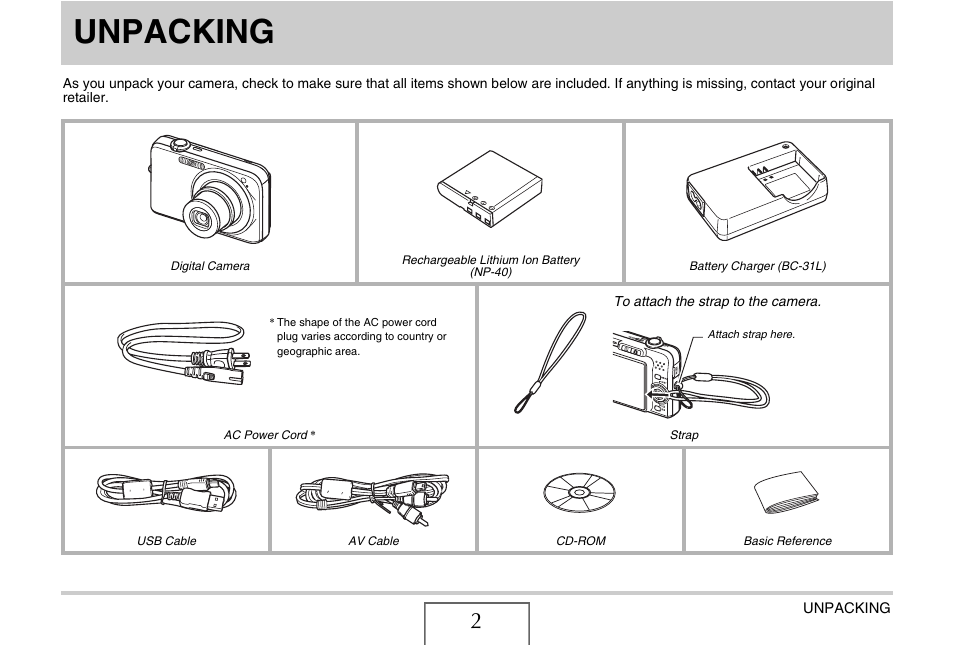 Unpacking | Casio EXILIM EX-Z1050 User Manual | Page 2 / 252