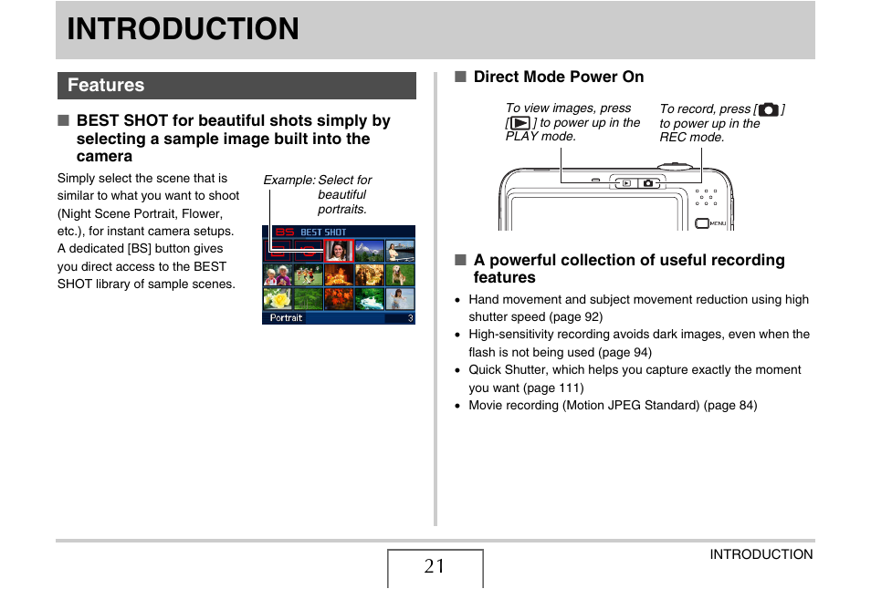 Introduction, Features | Casio EXILIM EX-Z1050 User Manual | Page 21 / 252