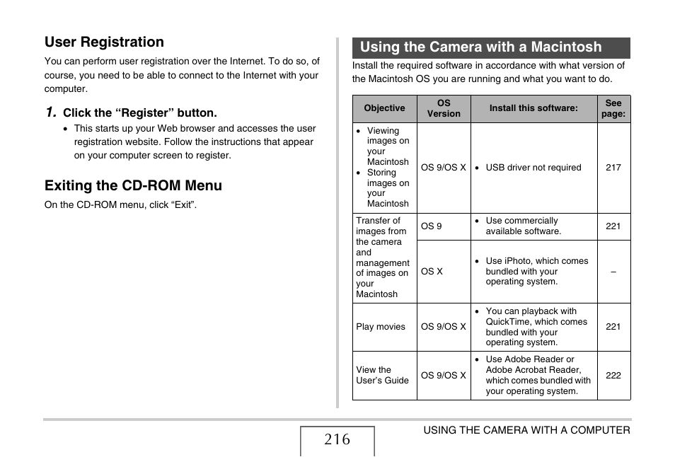 User registration, Exiting the cd-rom menu, Using the camera with a macintosh | E “using the camera with a macintosh, O “using the camera with a, Macintosh, E 216 | Casio EXILIM EX-Z1050 User Manual | Page 216 / 252