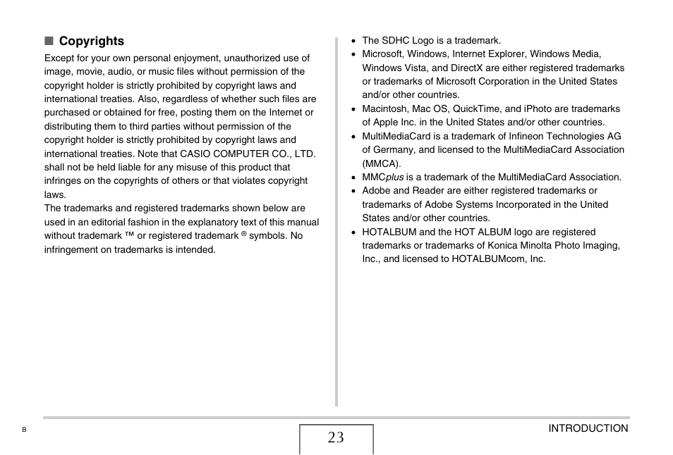 Copyrights | Casio EXILIM EX-Z1050 User Manual | Page 23 / 252
