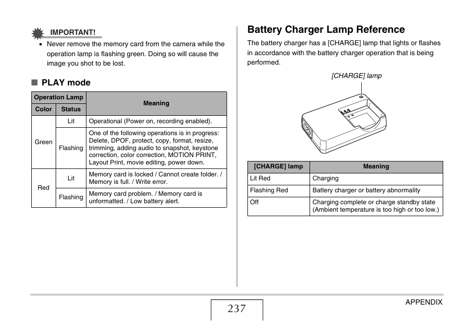 Battery charger lamp reference, Play mode | Casio EXILIM EX-Z1050 User Manual | Page 237 / 252
