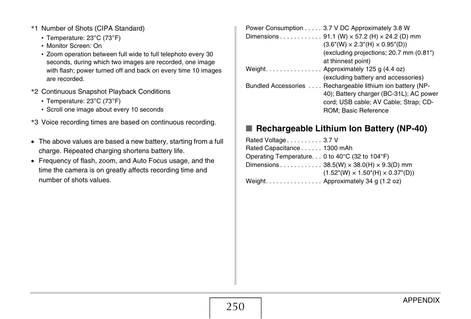 Rechargeable lithium ion battery (np-40) | Casio EXILIM EX-Z1050 User Manual | Page 250 / 252