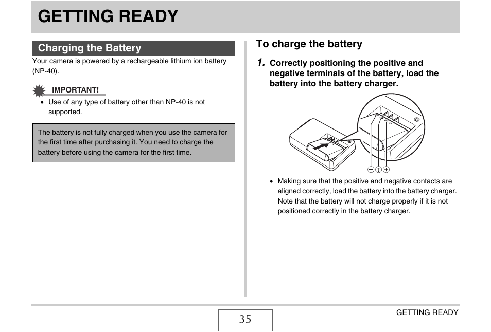 Getting ready, Charging the battery, To charge the battery | Casio EXILIM EX-Z1050 User Manual | Page 35 / 252