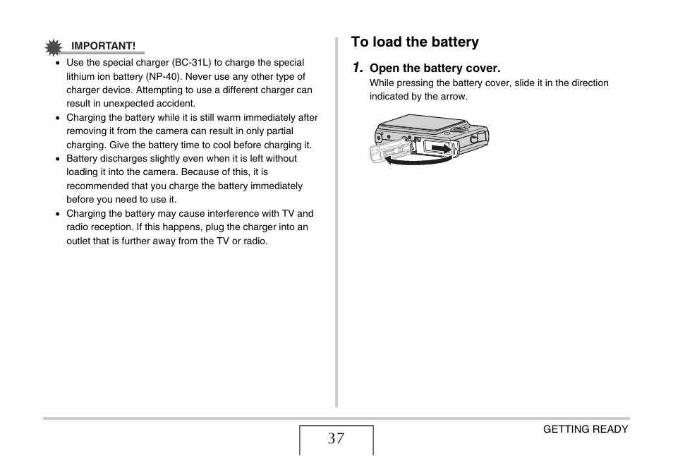 To load the battery | Casio EXILIM EX-Z1050 User Manual | Page 37 / 252
