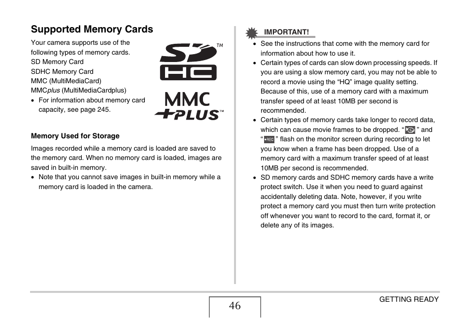 Supported memory cards | Casio EXILIM EX-Z1050 User Manual | Page 46 / 252