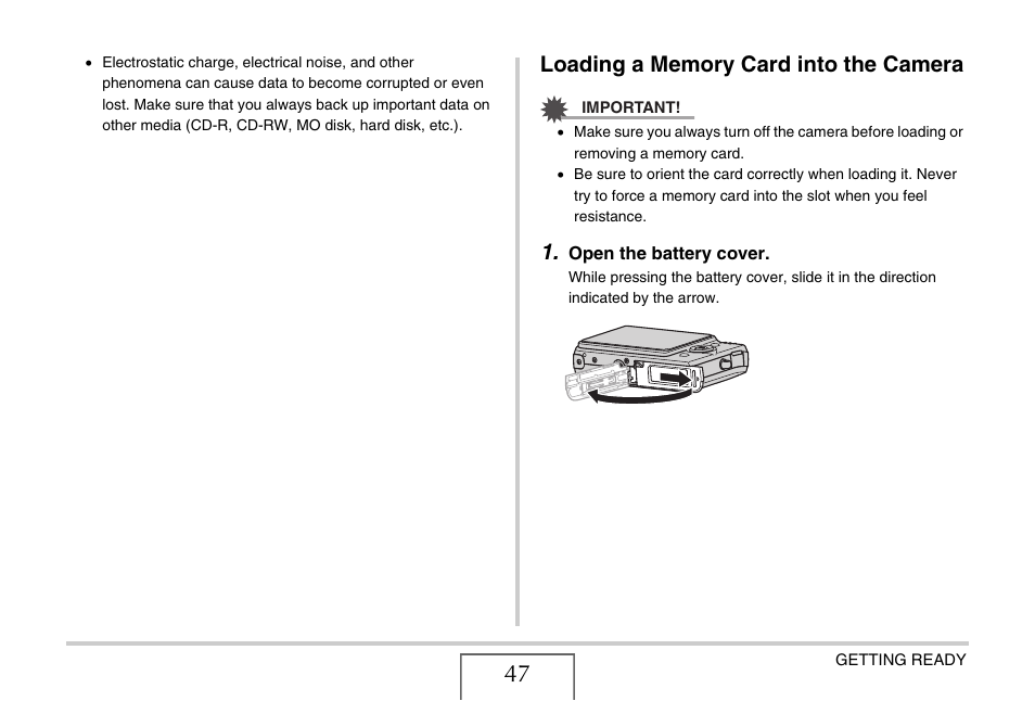 Loading a memory card into the camera | Casio EXILIM EX-Z1050 User Manual | Page 47 / 252