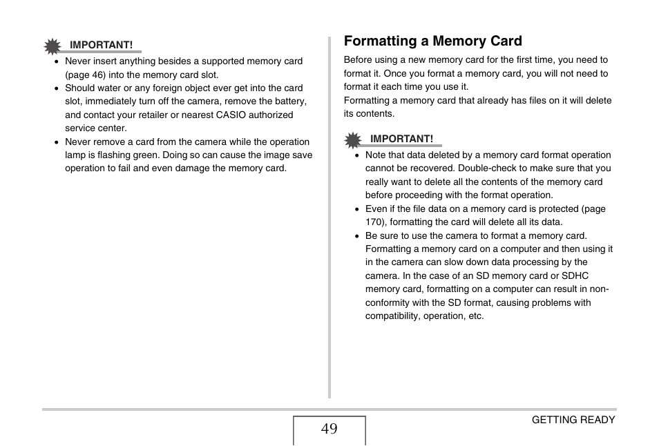 Formatting a memory card | Casio EXILIM EX-Z1050 User Manual | Page 49 / 252