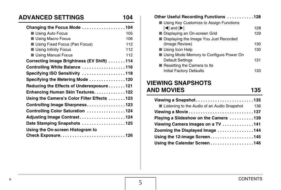 Advanced settings 104, Viewing snapshots and movies 135 | Casio EXILIM EX-Z1050 User Manual | Page 5 / 252