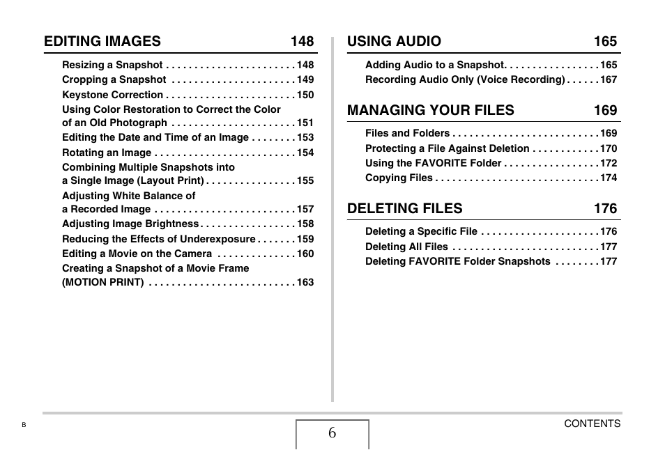 Editing images 148, Using audio 165, Managing your files 169 | Deleting files 176 | Casio EXILIM EX-Z1050 User Manual | Page 6 / 252