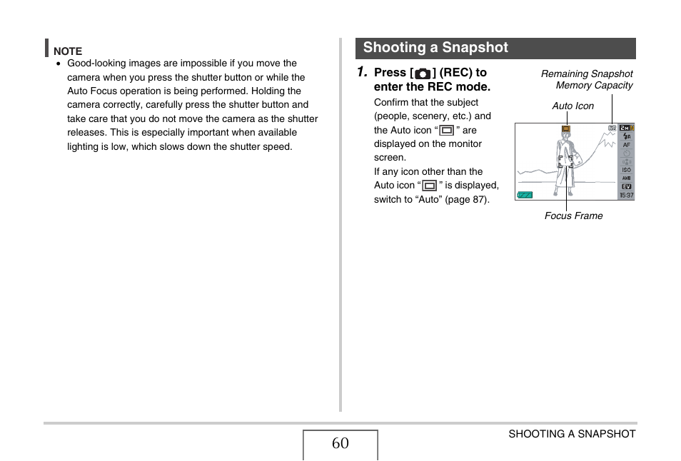Shooting a snapshot | Casio EXILIM EX-Z1050 User Manual | Page 60 / 252