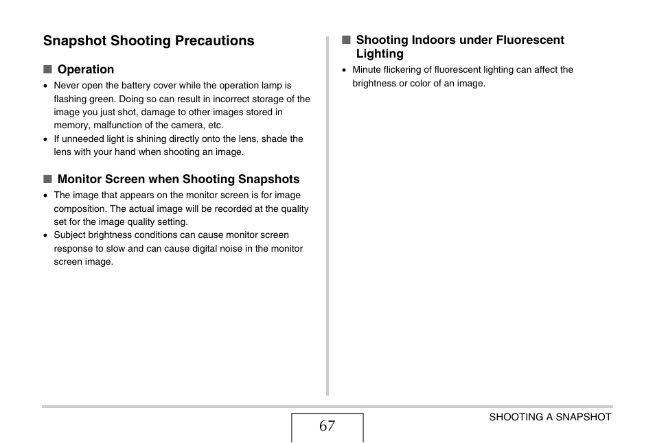 Snapshot shooting precautions | Casio EXILIM EX-Z1050 User Manual | Page 67 / 252