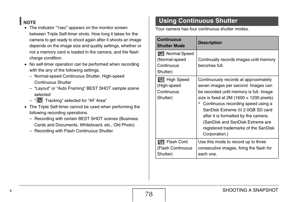 Using continuous shutter | Casio EXILIM EX-Z1050 User Manual | Page 78 / 252