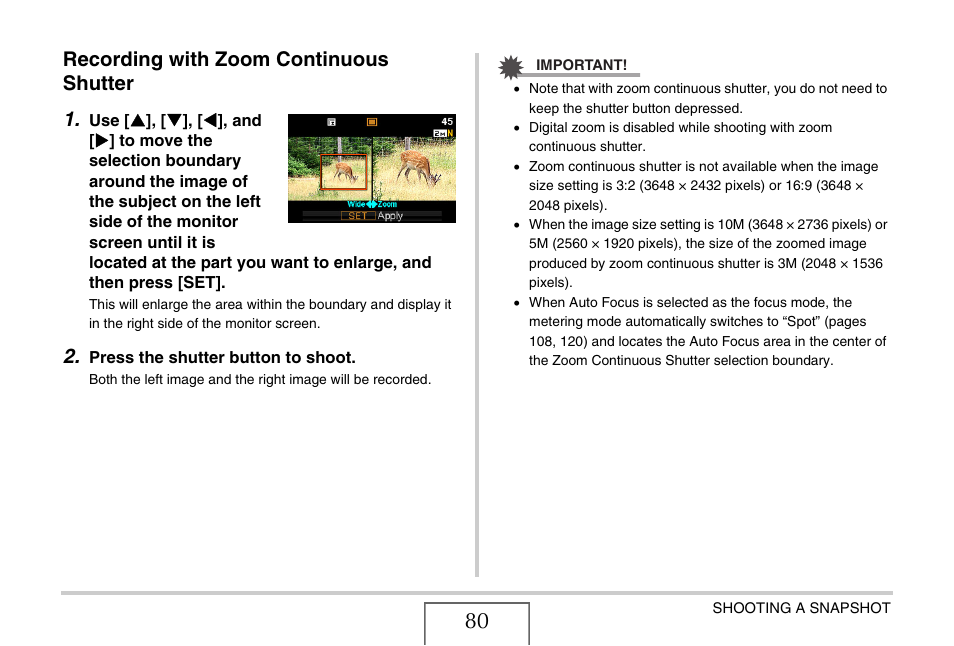 Recording with zoom continuous shutter, Recording with zoom continuous shutter 1 | Casio EXILIM EX-Z1050 User Manual | Page 80 / 252