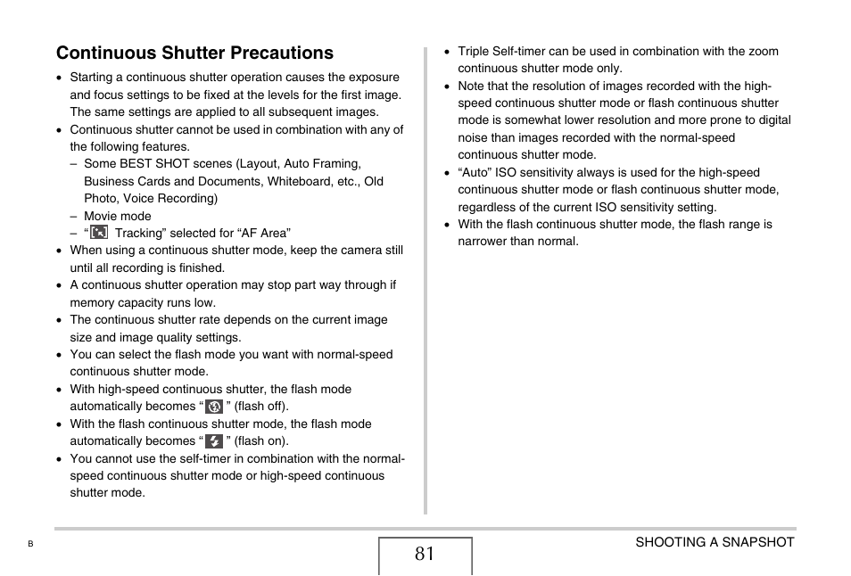 Continuous shutter precautions | Casio EXILIM EX-Z1050 User Manual | Page 81 / 252