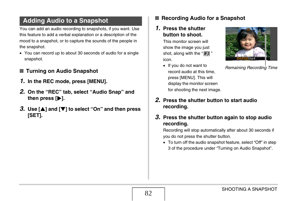 Adding audio to a snapshot | Casio EXILIM EX-Z1050 User Manual | Page 82 / 252