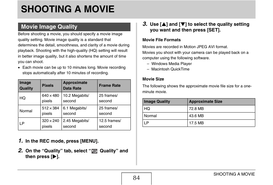 Shooting a movie, Movie image quality, E 84 | Casio EXILIM EX-Z1050 User Manual | Page 84 / 252