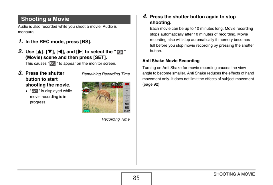 Shooting a movie | Casio EXILIM EX-Z1050 User Manual | Page 85 / 252