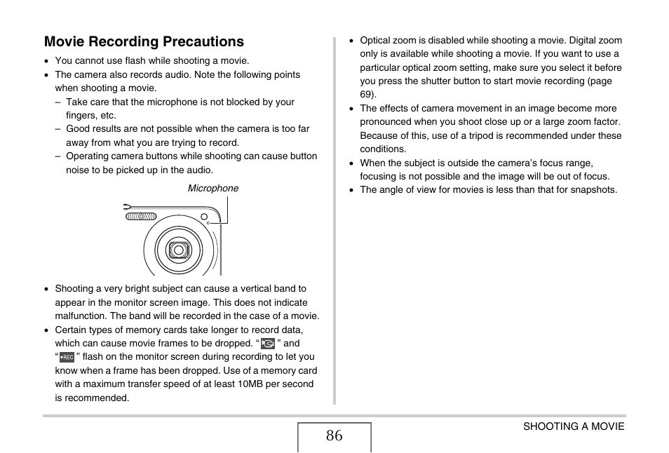 Movie recording precautions | Casio EXILIM EX-Z1050 User Manual | Page 86 / 252