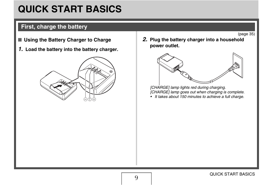 Quick start basics, First, charge the battery | Casio EXILIM EX-Z1050 User Manual | Page 9 / 252