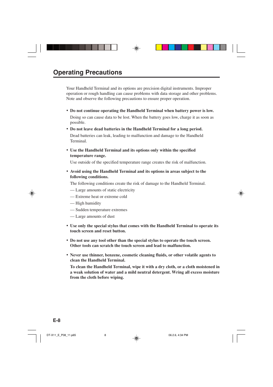 Operating precautions | Casio DT-X11 Series User Manual | Page 10 / 61