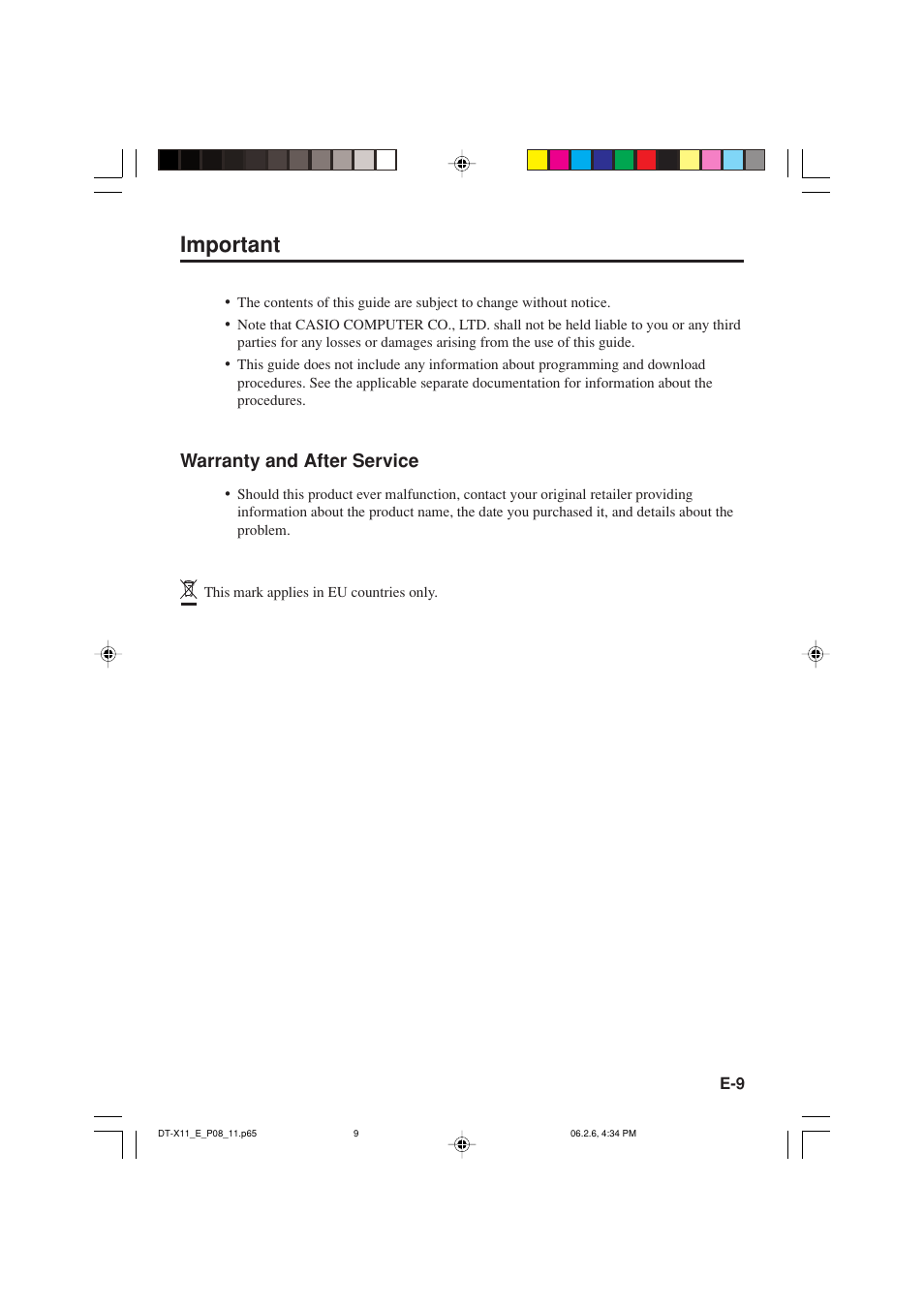 Important, Warranty and after service | Casio DT-X11 Series User Manual | Page 11 / 61