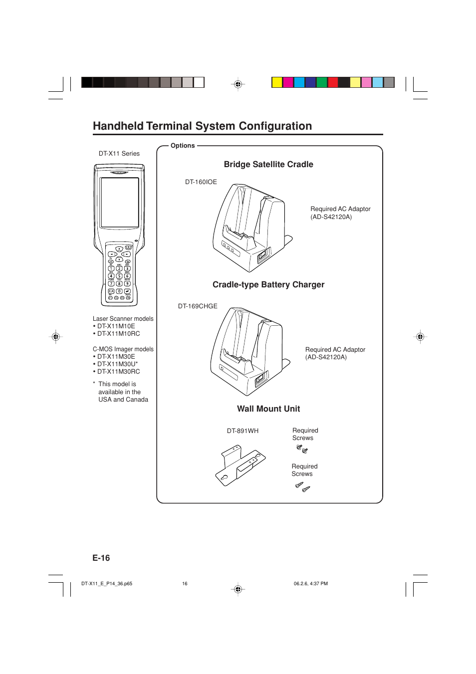 Handheld terminal system configuration, E-16, Bridge satellite cradle | Cradle-type battery charger, Wall mount unit | Casio DT-X11 Series User Manual | Page 18 / 61