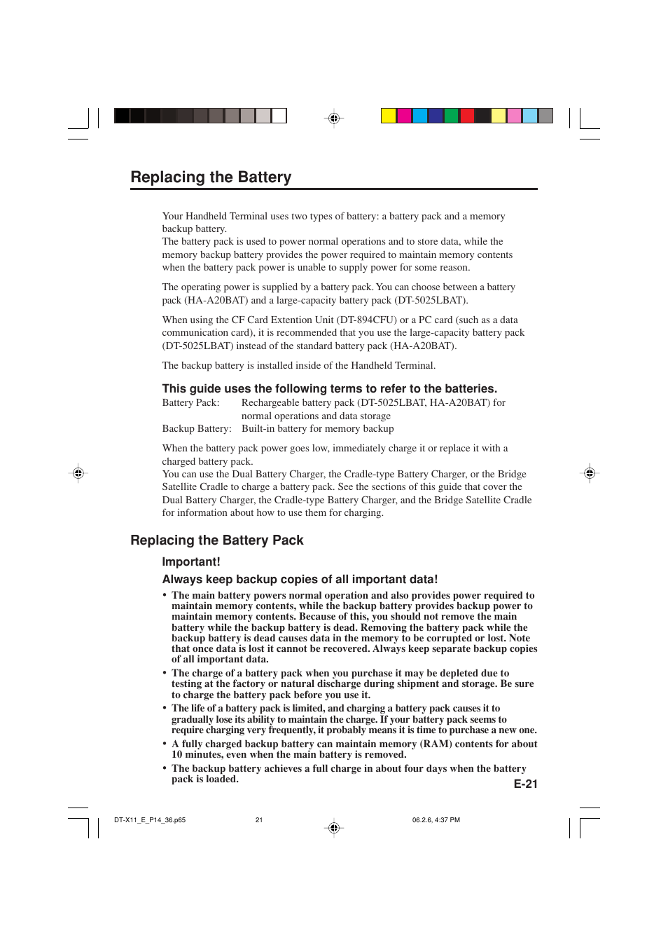 Replacing the battery, Replacing the battery pack | Casio DT-X11 Series User Manual | Page 23 / 61