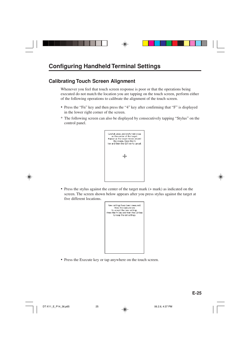 Configuring handheld terminal settings, Calibrating touch screen alignment | Casio DT-X11 Series User Manual | Page 27 / 61