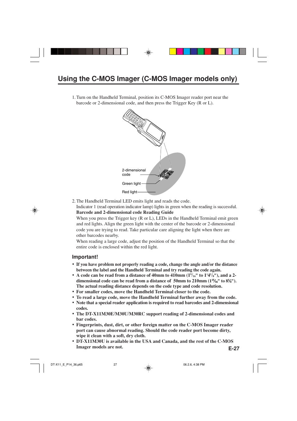 Using the c-mos imager (c-mos imager models only), E-27, Important | Casio DT-X11 Series User Manual | Page 29 / 61
