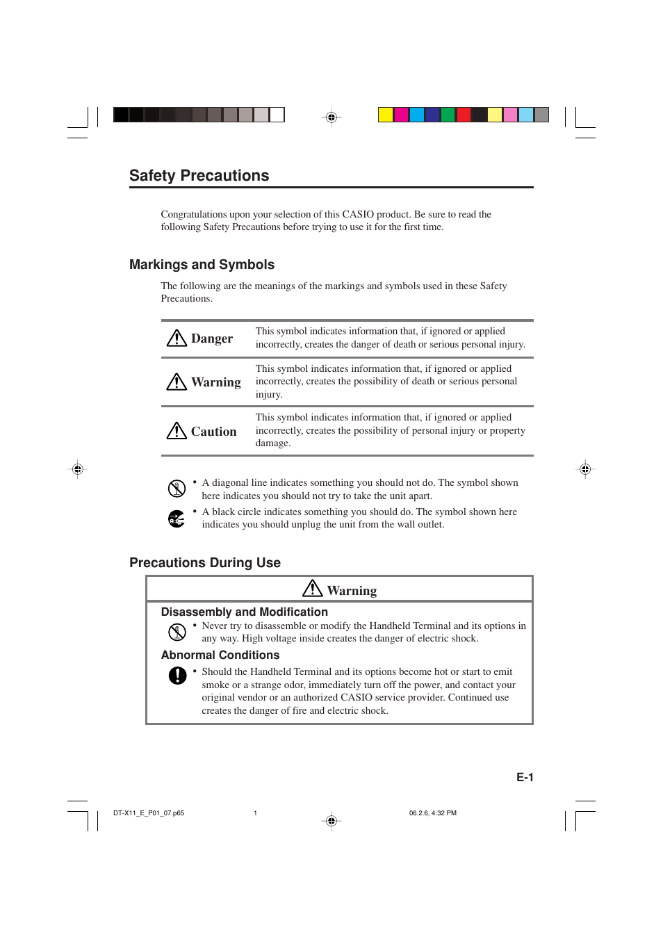Safety precautions | Casio DT-X11 Series User Manual | Page 3 / 61