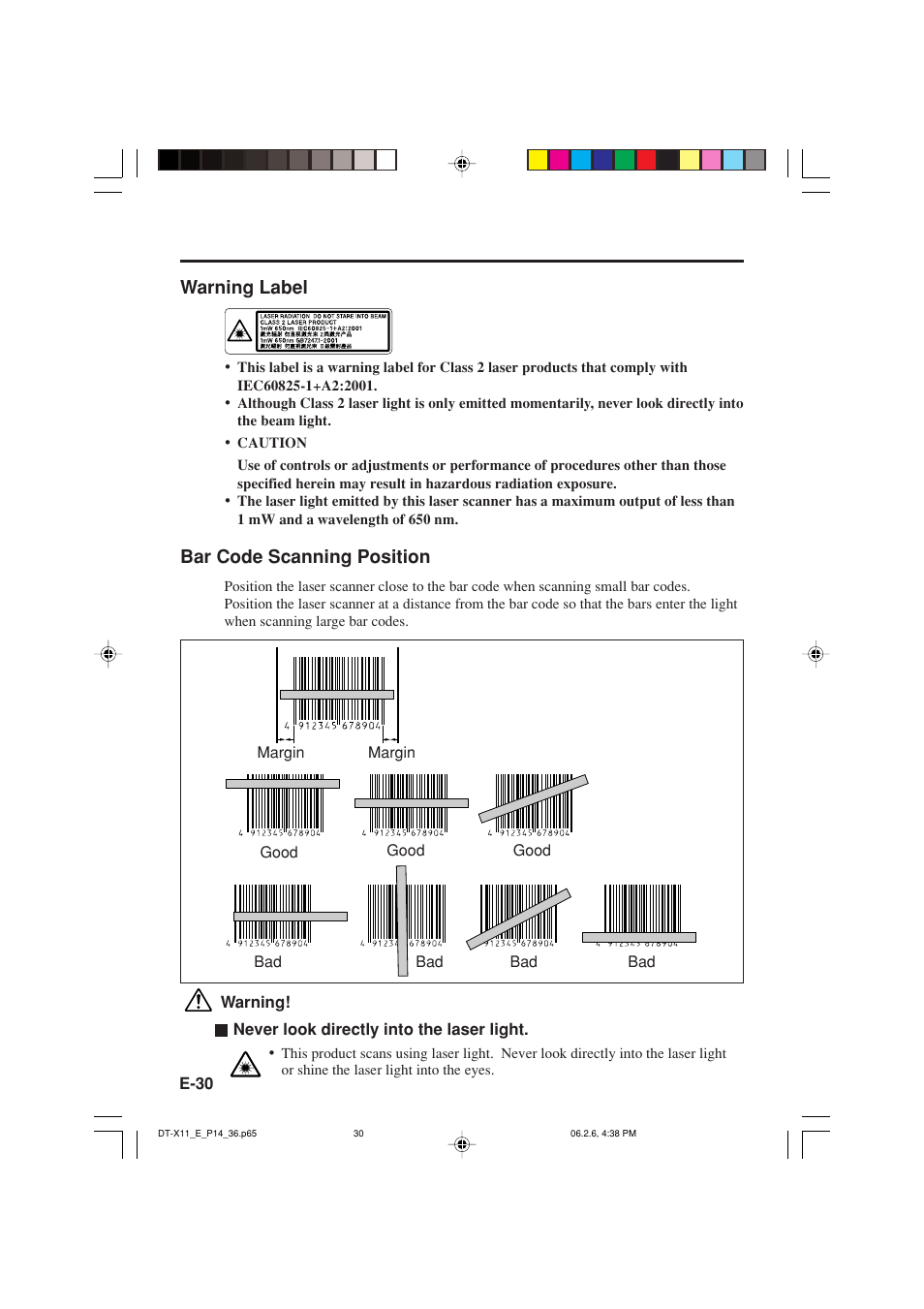 Warning label, Bar code scanning position | Casio DT-X11 Series User Manual | Page 32 / 61