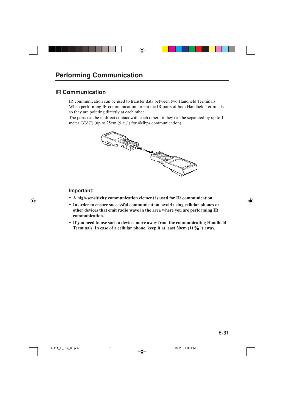 Performing communication, Ir communication, E-31 | Important | Casio DT-X11 Series User Manual | Page 33 / 61