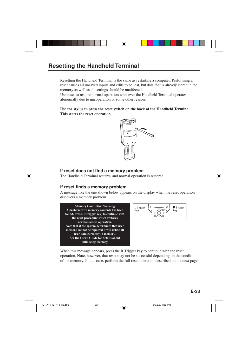 Resetting the handheld terminal | Casio DT-X11 Series User Manual | Page 35 / 61