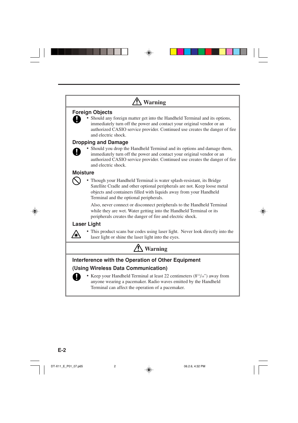 Warning | Casio DT-X11 Series User Manual | Page 4 / 61