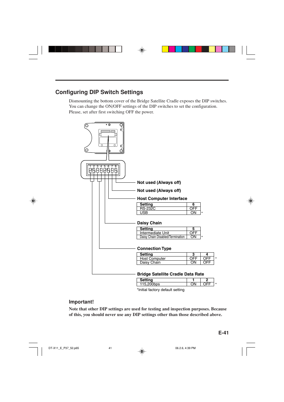 Configuring dip switch settings, E-41, Important | Casio DT-X11 Series User Manual | Page 43 / 61