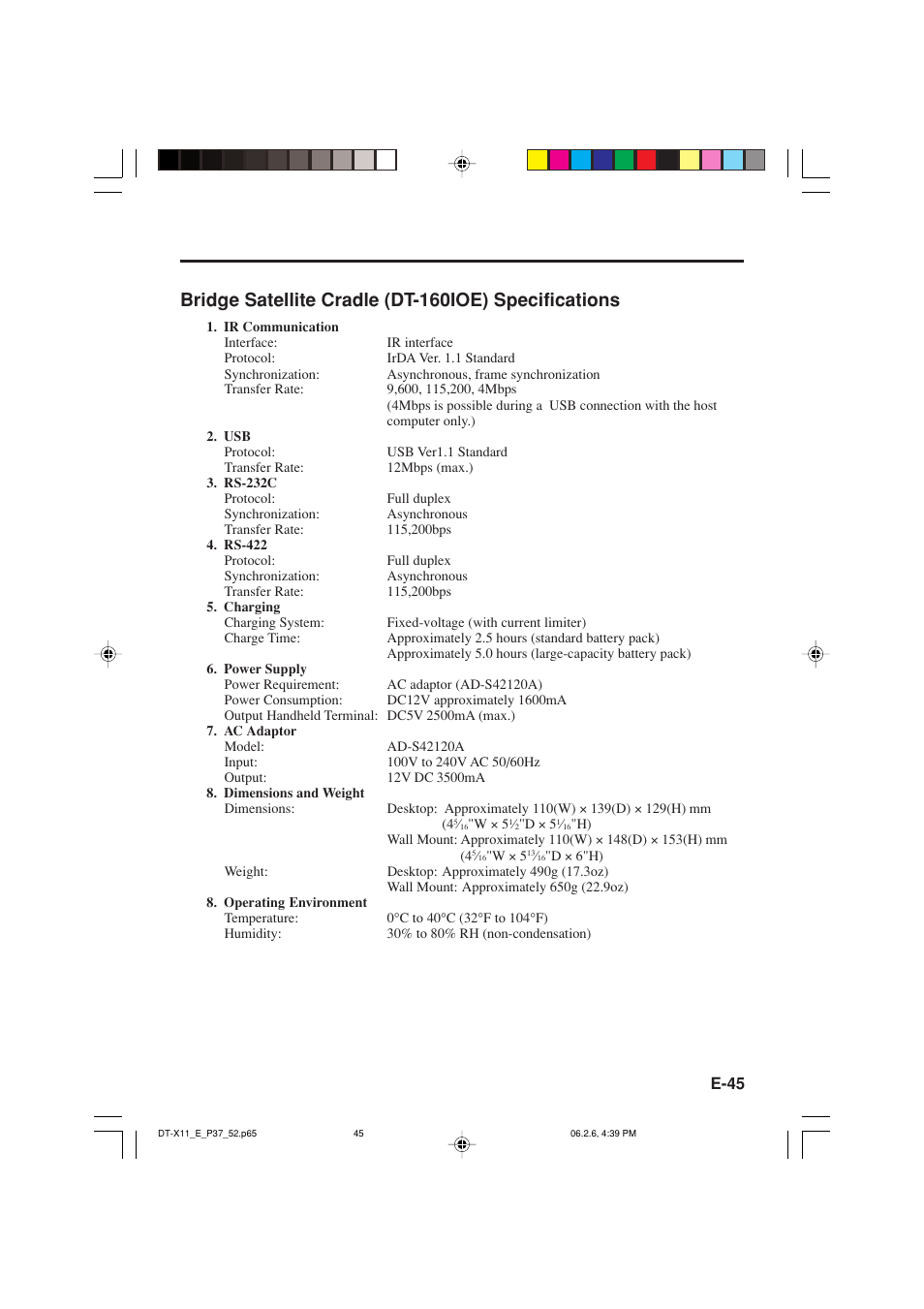 Bridge satellite cradle (dt-160ioe) specifications | Casio DT-X11 Series User Manual | Page 47 / 61