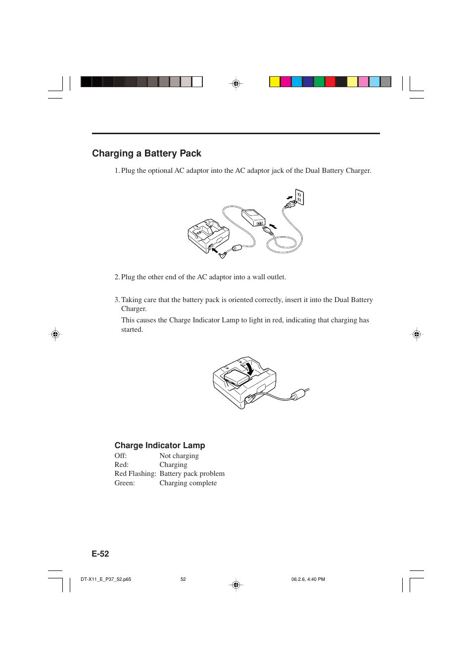 Charging a battery pack | Casio DT-X11 Series User Manual | Page 54 / 61