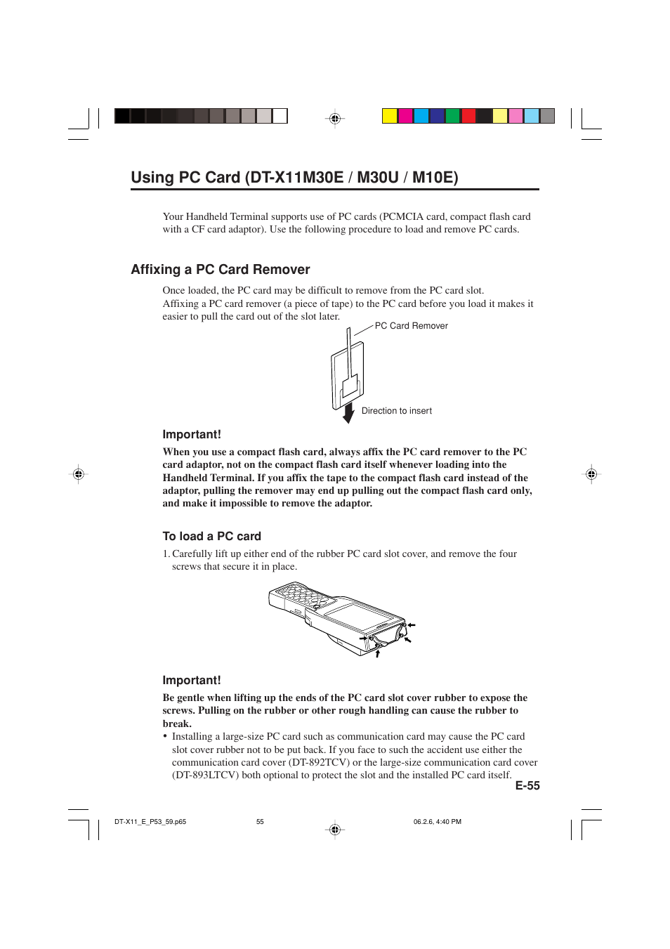 Affixing a pc card remover | Casio DT-X11 Series User Manual | Page 57 / 61