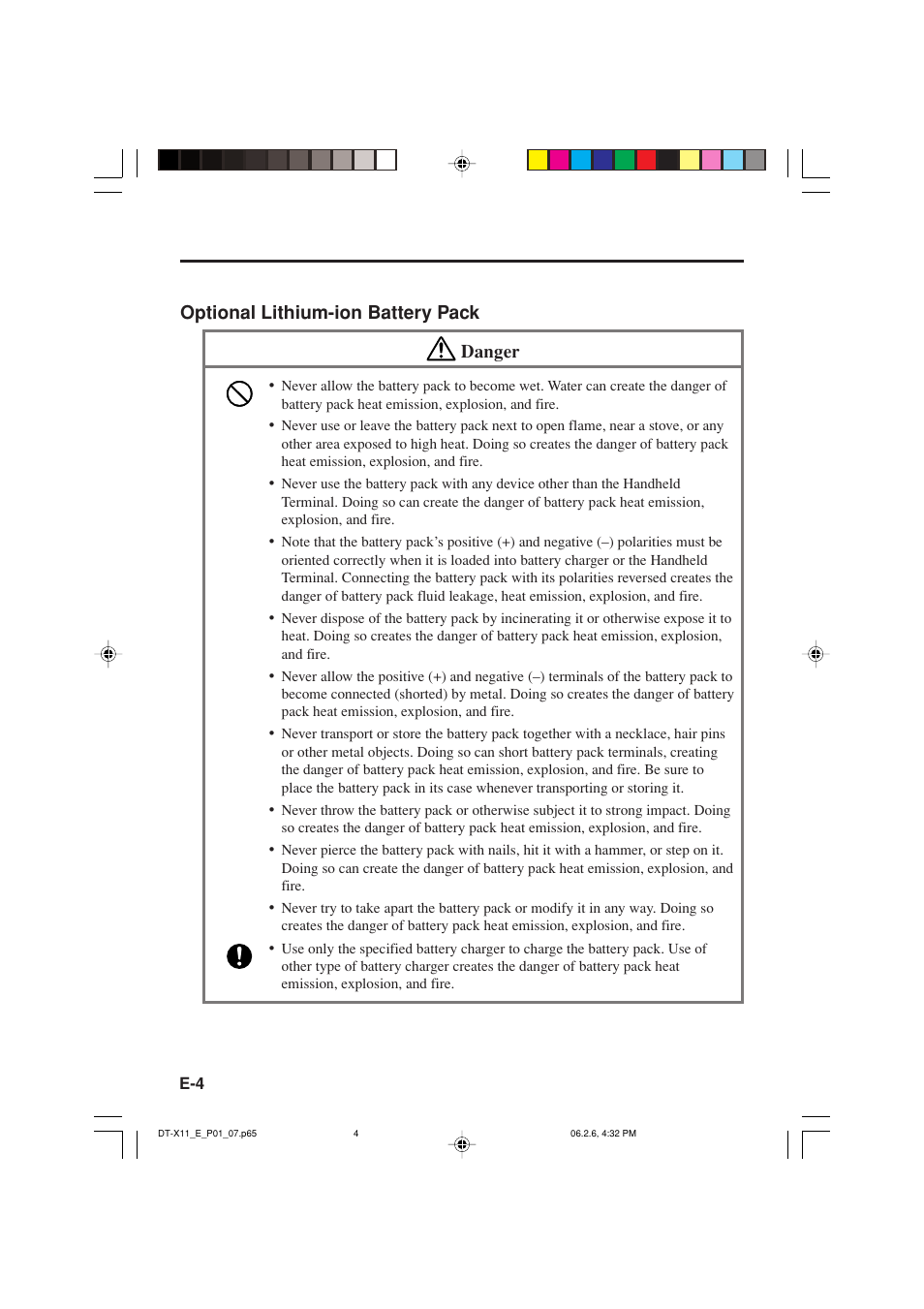 Optional lithium-ion battery pack danger | Casio DT-X11 Series User Manual | Page 6 / 61