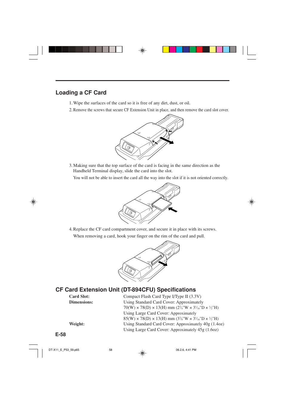 Loading a cf card, Cf card extension unit (dt-894cfu) specifications | Casio DT-X11 Series User Manual | Page 60 / 61