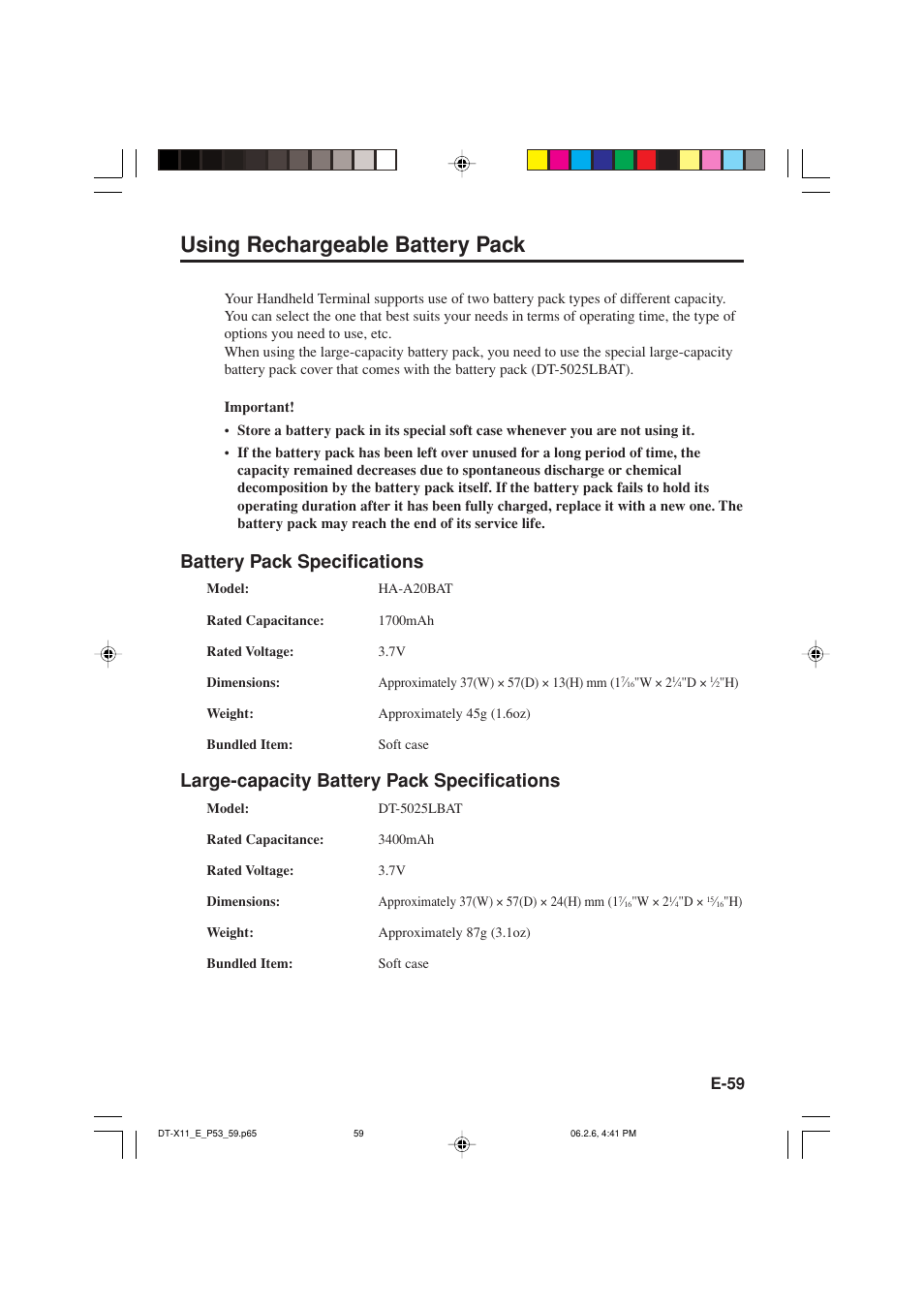 Using rechargeable battery pack, Battery pack specifications, Large-capacity battery pack specifications | Casio DT-X11 Series User Manual | Page 61 / 61