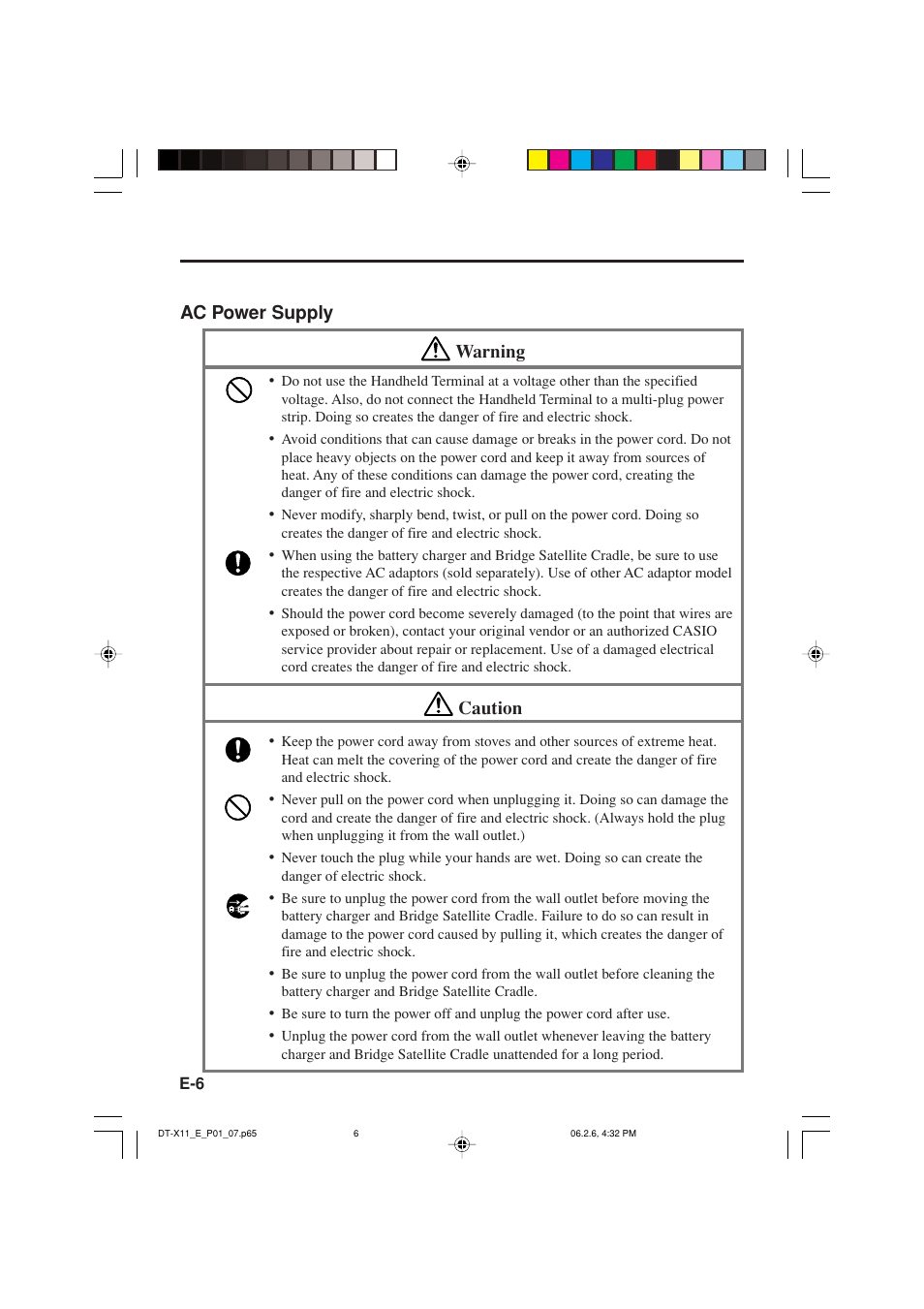 Ac power supply warning, Caution | Casio DT-X11 Series User Manual | Page 8 / 61